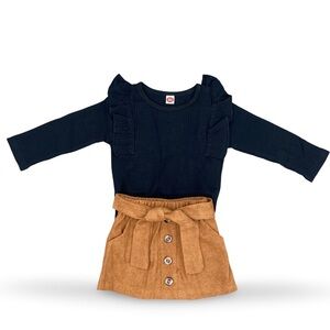 Black Ruffle Long Sleeve Top and Tan Corduroy Button Skirt Set Size 2